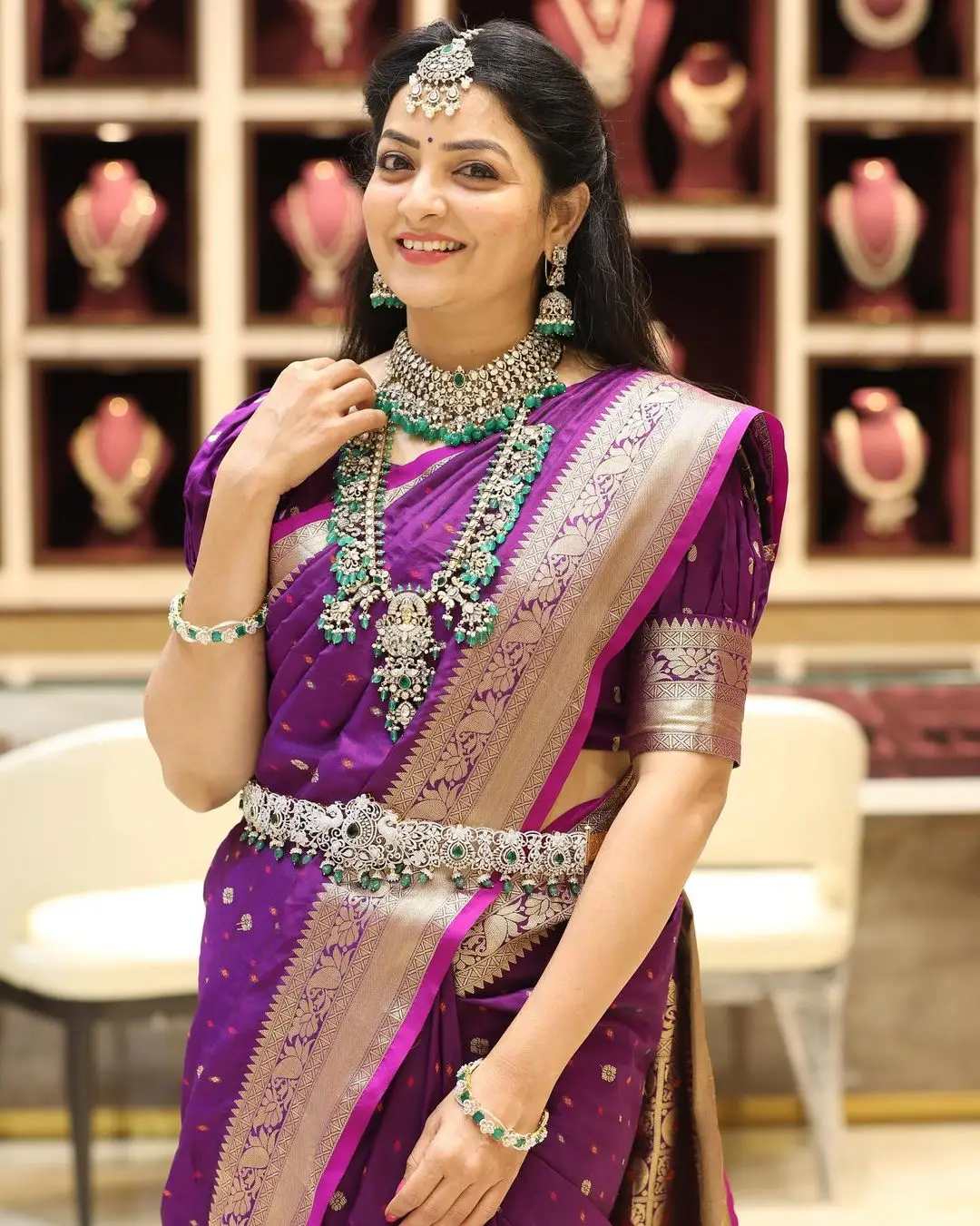 ETV Abhiruchi Madhuri Kandavalli In Beautiful Jewellery Blue Saree